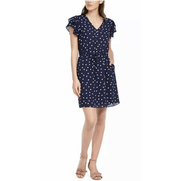 New Maison Jules Polka Dot V-Neck Casual Dress Blu - Picture 1 of 2